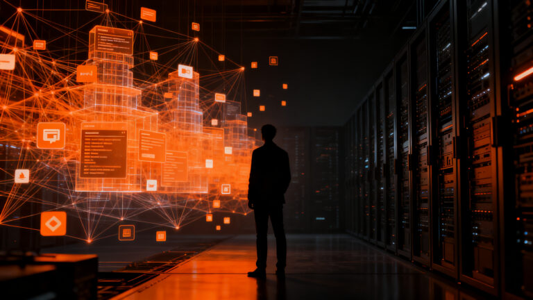 CTO observando una red compleja de aplicaciones shadow IT generadas con IA, representando los riesgos de seguridad y gobernanza en el software moderno.