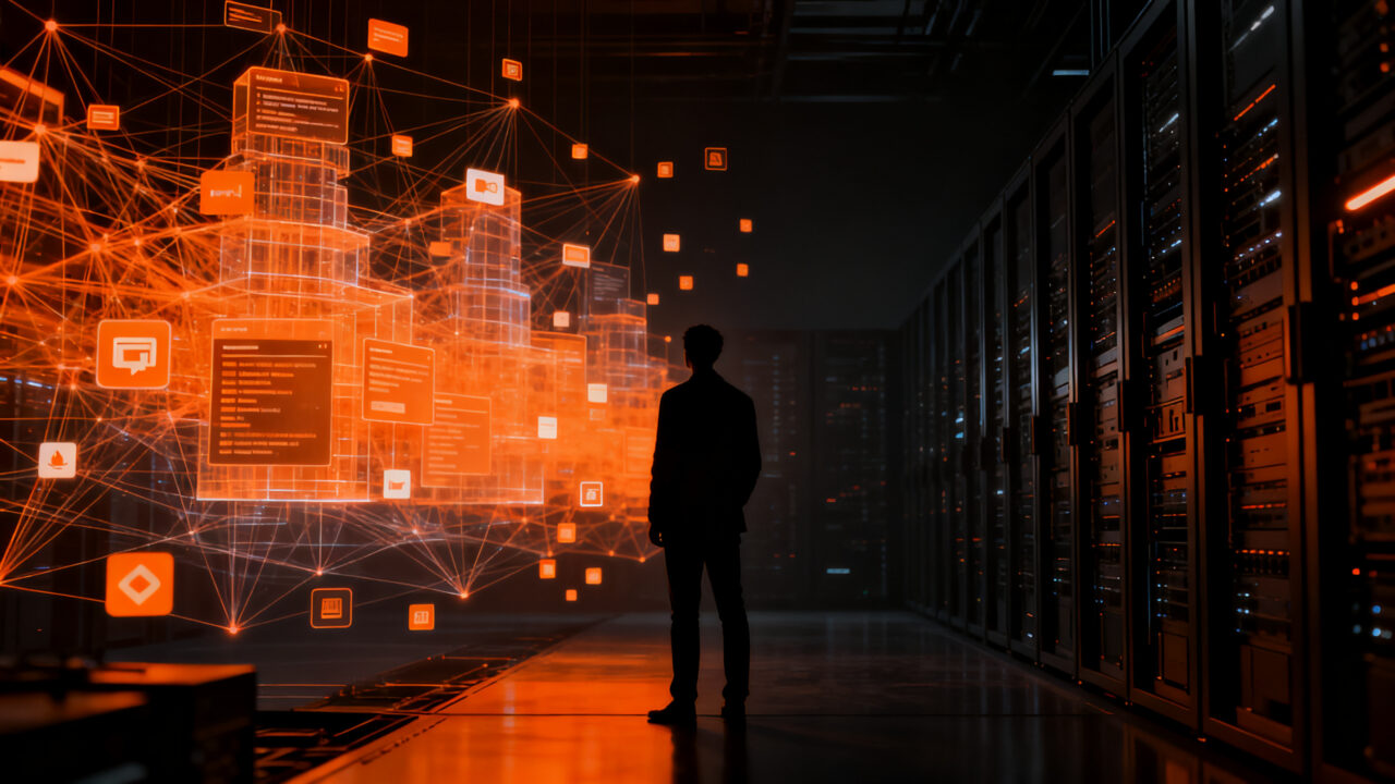 CTO observando una red compleja de aplicaciones shadow IT generadas con IA, representando los riesgos de seguridad y gobernanza en el software moderno.