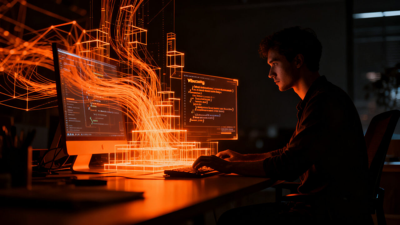 Desarrollador de software trabajando con herramientas de IA como Vibecoding en un entorno tecnológico futurista.