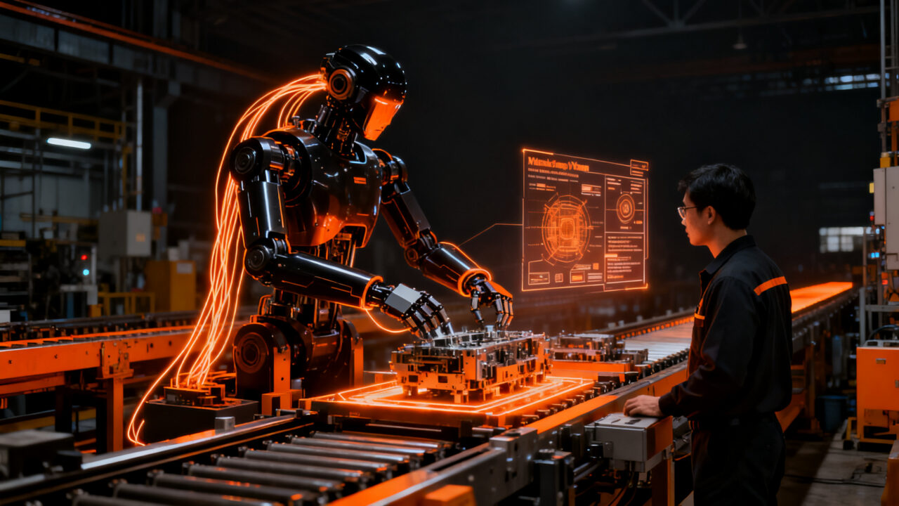Robot humanoide colaborando con ingeniero en fábrica automatizada de Vietnam, representando la tendencia de robótica industrial.