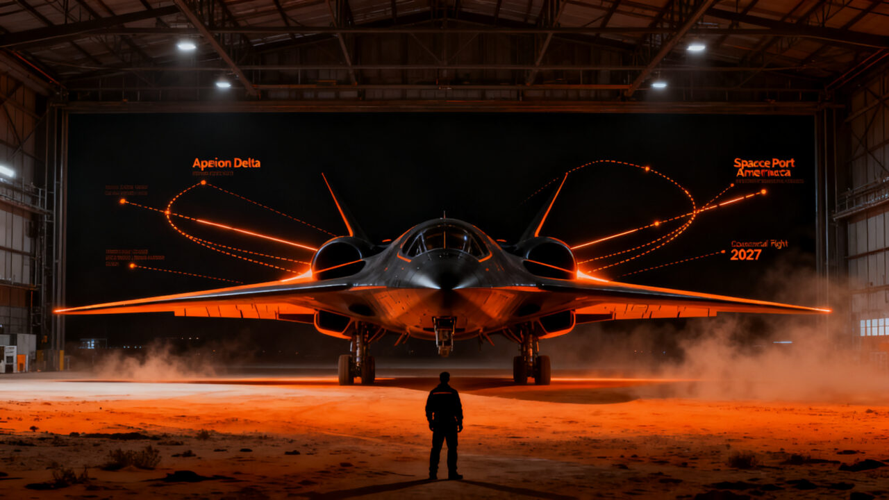 Nave espacial Apeiron de Virgin Galactic en Spaceport America, representando el futuro del turismo espacial comercial.