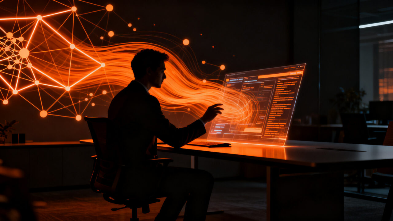 Ejecutivo de empresa utilizando IA generativa y Microsoft Copilot para optimizar la productividad y automatización en un entorno corporativo.