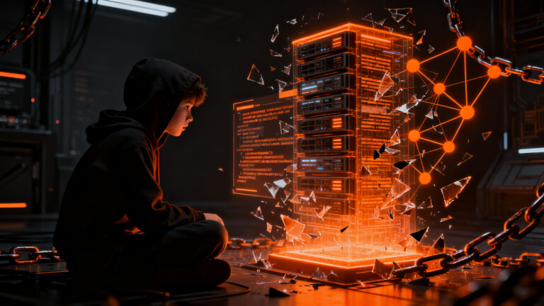 Joven hacker ante una red de seguridad digital, representando vulnerabilidades en startups y ciberseguridad.