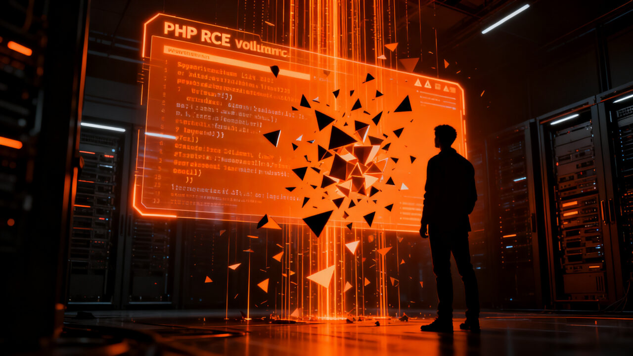 Especialista en ciberseguridad analizando vulnerabilidad RCE crítica en código PHP para prevenir ataques.