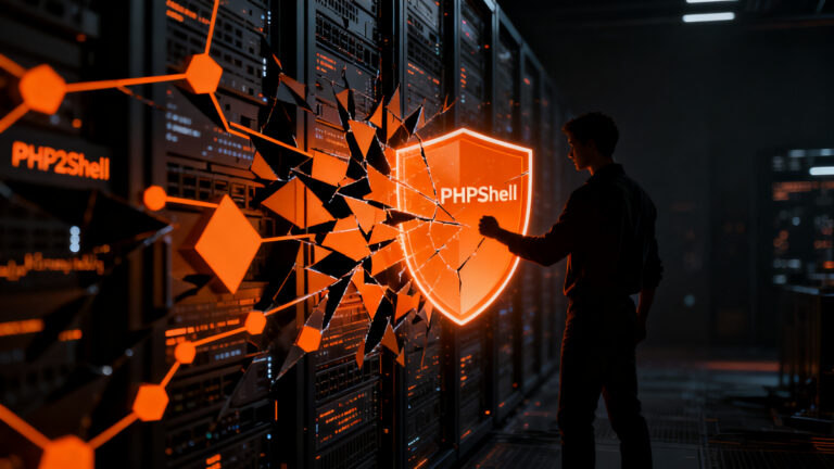 Vulnerabilidad PHP2Shell afectando servidores web, concepto de ciberseguridad y protección de datos para startups.