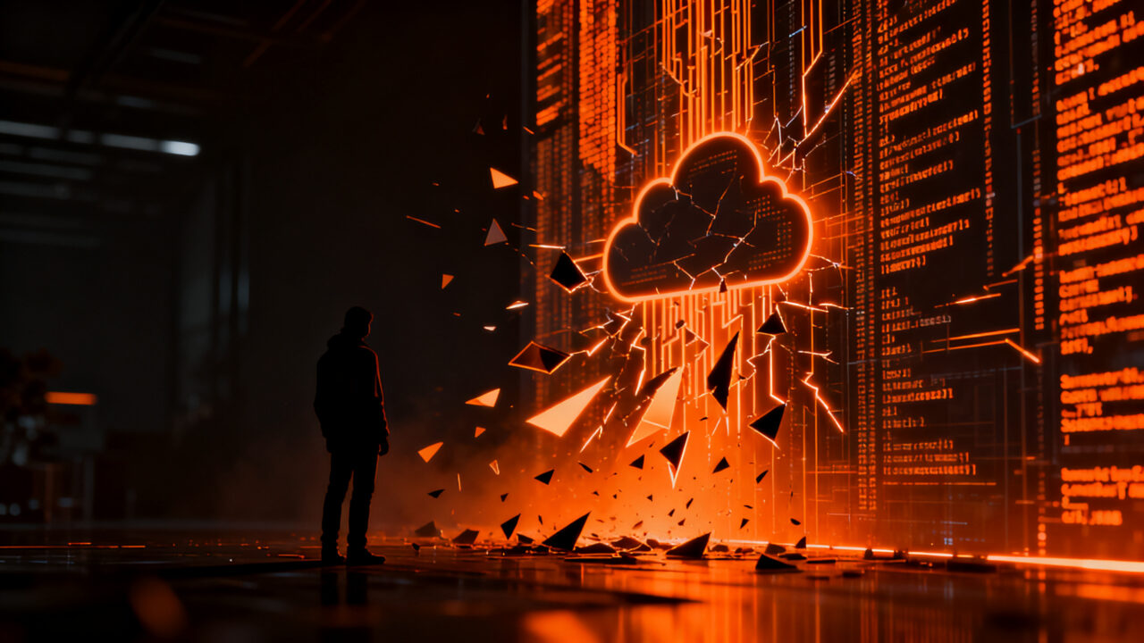 Ciberseguridad en IA: silueta de un hacker observando una brecha de seguridad digital en una red de datos, representando vulnerabilidades en ChatGPT.