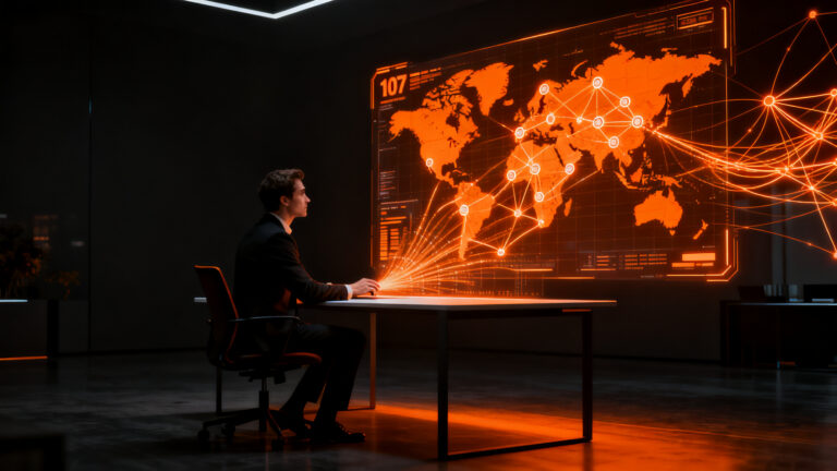 Agente de IA automatizando tareas complejas en un entorno global, representando la eficiencia y automatización de Wajo Fo.