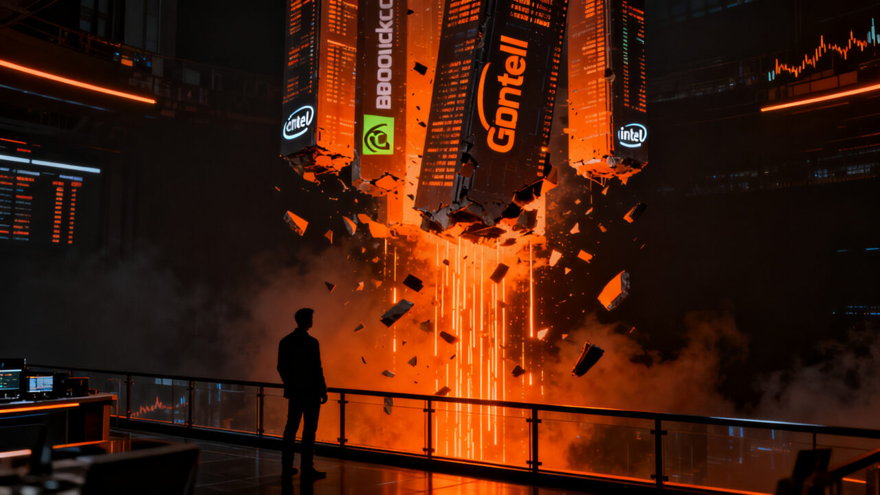 Representación visual de la volatilidad en Wall Street con el sector tecnológico de IA sufriendo ventas masivas, mostrando la tensión entre el crecimiento y el mercado.