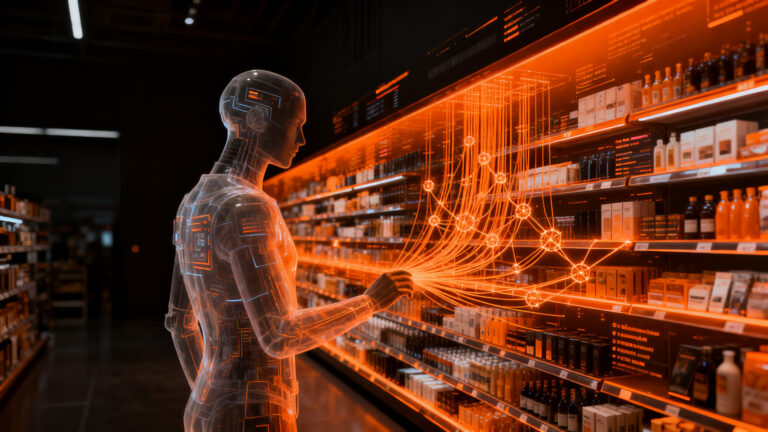 Agente de IA realizando compras automatizadas en un entorno de e-commerce moderno, representando el comercio agéntico y la estrategia de Walmart.