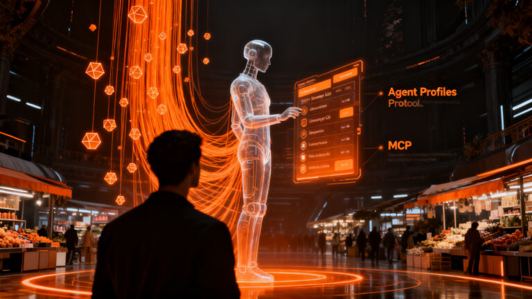 Agente de inteligencia artificial realizando compras autónomas en un entorno digital, representando el futuro del comercio agéntico y la integración de IA en el retail.