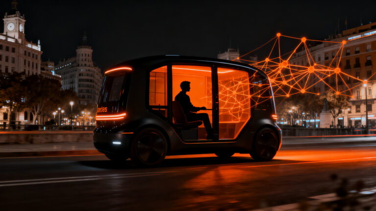 Robotaxi autónomo de Waymo circulando por las calles de Madrid, representando el futuro de la movilidad autónoma en España.