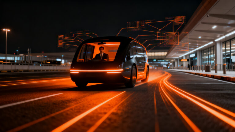 Robotaxi autónomo de Waymo operando en el aeropuerto de Las Vegas, representando el futuro de la movilidad autónoma.