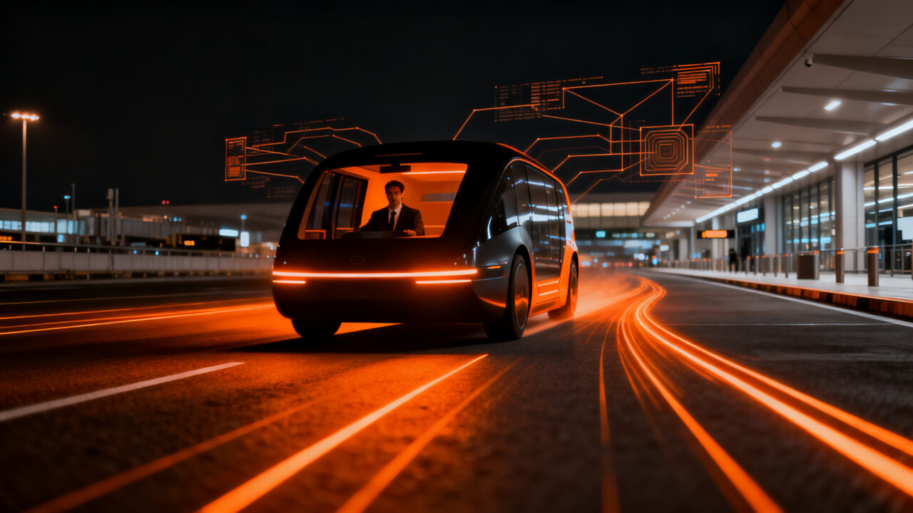Robotaxi autónomo de Waymo operando en el aeropuerto de Las Vegas, representando el futuro de la movilidad autónoma.
