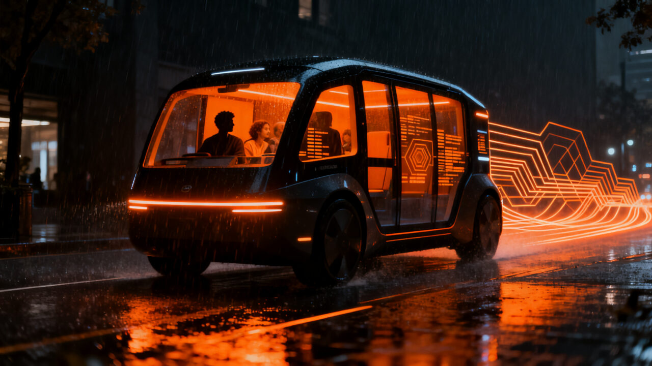 Robotaxi autónomo de Waymo circulando en una ciudad nocturna, representando la adopción de IA y la confianza tecnológica en el transporte.