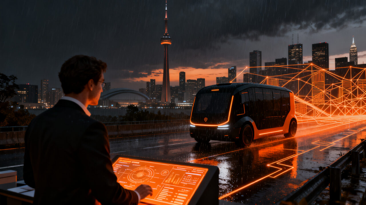 Robotaxi autónomo de Waymo circulando por las calles de Toronto, representando la expansión de la movilidad autónoma en Canadá.