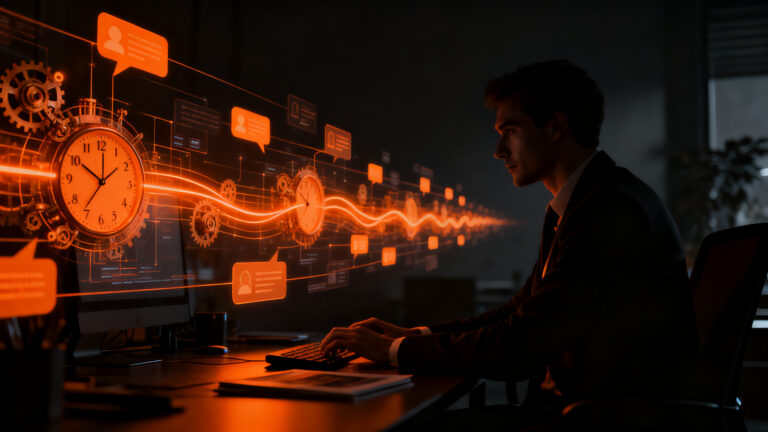 Profesional moderno gestionando mensajes programados en una interfaz digital, simbolizando la comunicación asíncrona y la desconexión digital en WhatsApp.