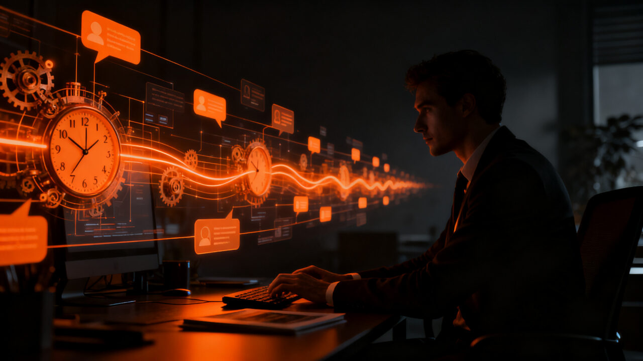 Profesional moderno gestionando mensajes programados en una interfaz digital, simbolizando la comunicación asíncrona y la desconexión digital en WhatsApp.