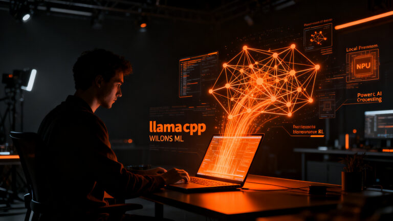 Desarrollador trabajando con IA local en una PC con NPU, optimizando Windows ML y llama.cpp para startups tecnológicas.