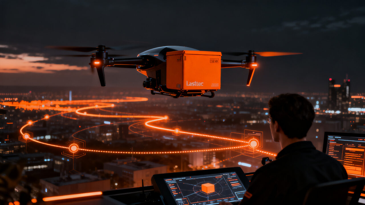 Dron de entrega de Wing y Walmart sobrevolando una ciudad, representando la logística autónoma y la expansión de retail tech.