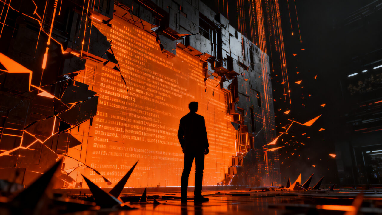 Ciberseguridad y vulnerabilidades de IA en startups, concepto visual de riesgo y protección de software.