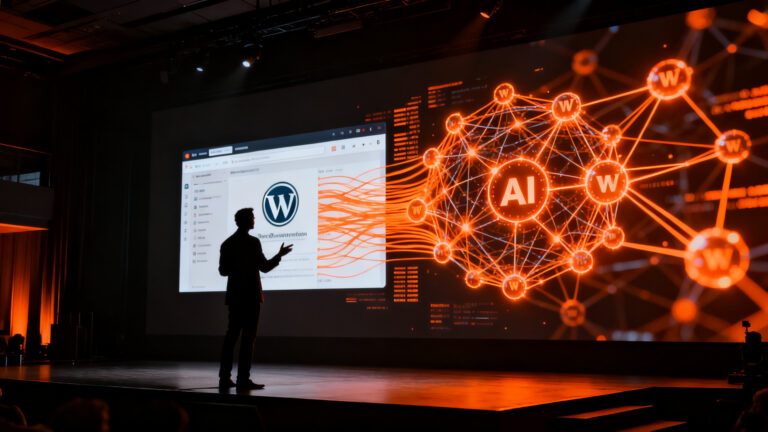 Ponente presentando IA y desarrollo web en WordCamp Galicia, representando la comunidad tecnológica y el futuro de WordPress.