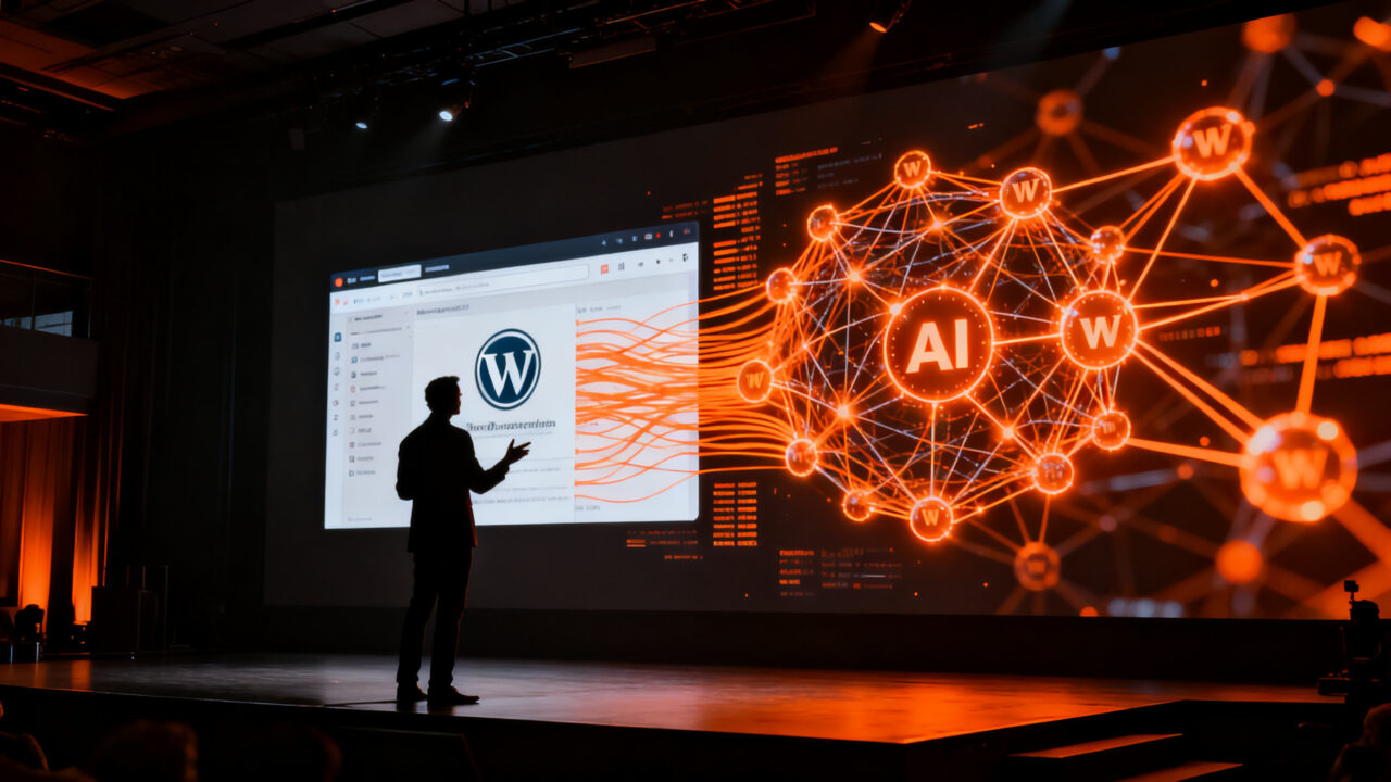 Ponente presentando IA y desarrollo web en WordCamp Galicia, representando la comunidad tecnológica y el futuro de WordPress.