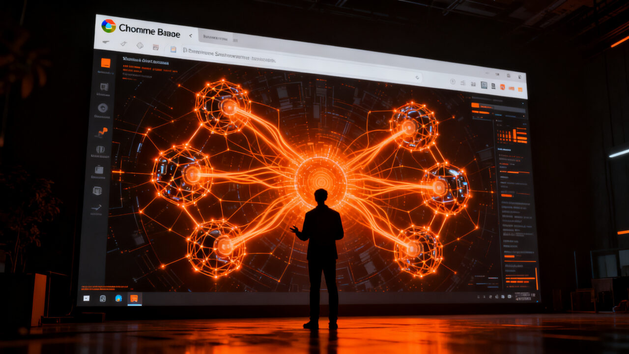 Experto en ciberseguridad analizando vulnerabilidades de Chrome con agentes de inteligencia artificial, concepto de exploit de alto valor.