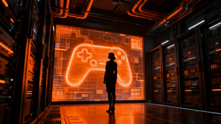 Silueta de líder ejecutiva frente a una infraestructura tecnológica de Microsoft, simbolizando la reestructuración de Xbox hacia la IA.