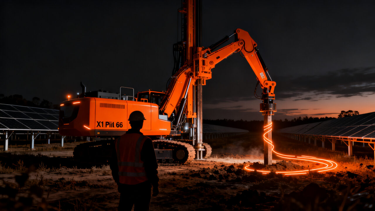 Robot de construcción automatizada Xpanner X1 Piling R6 instalando pilotes solares en un campo de energía renovable.