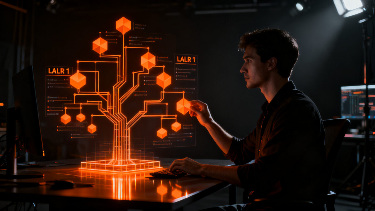 Desarrollador analizando la estructura de datos de un parser LALR(1) en C++ para la creación de ASTs.