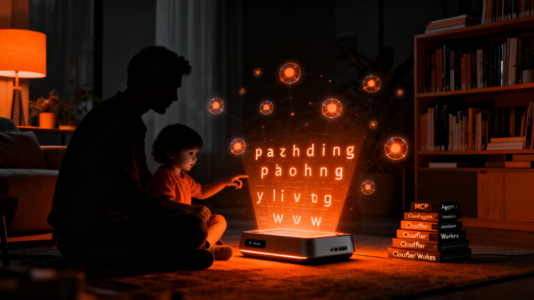 Padre utilizando la app open source Yara Reads para enseñar fonética infantil con inteligencia artificial y tecnología Cloudflare.
