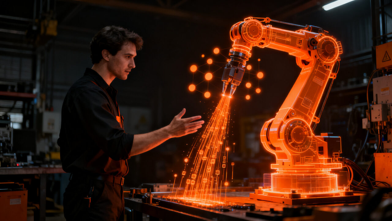 Ingeniero industrial interactuando con un gemelo digital de un brazo robótico mediante IA, representando la automatización industrial avanzada.