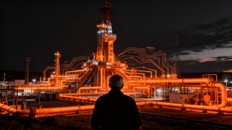 Infraestructura de extracción de shale oil en Vaca Muerta, representando el crecimiento de YPF y la meta de producción de crudo.