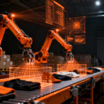 Robots industriales de dos brazos automatizando la logística y clasificación de devoluciones en un almacén inteligente de Zalando.