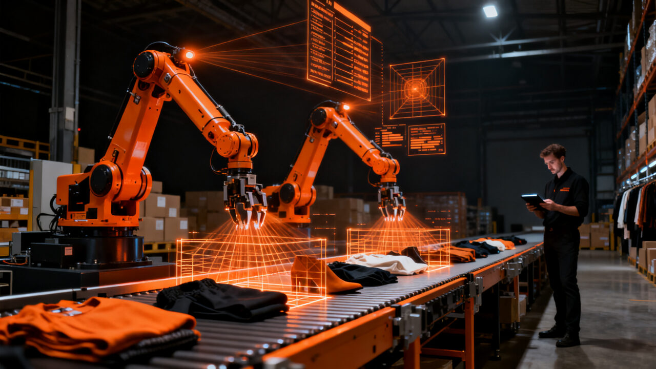 Robots industriales de dos brazos automatizando la logística y clasificación de devoluciones en un almacén inteligente de Zalando.