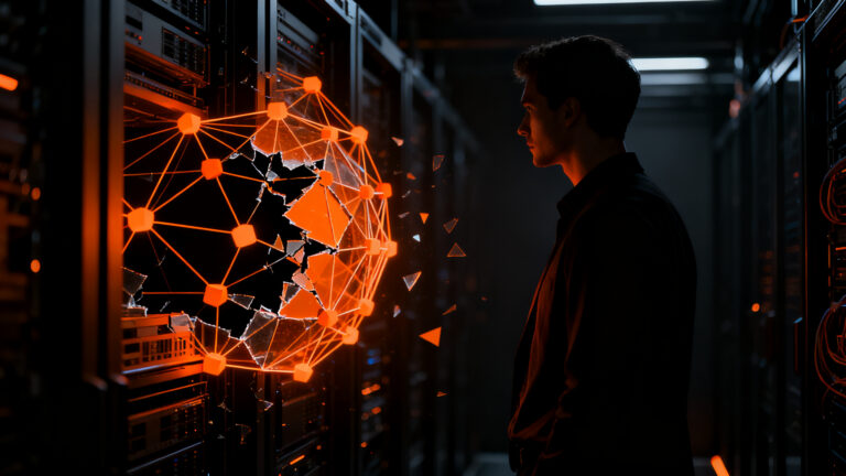 Infraestructura de startup y seguridad digital, concepto de takedown de dominio y moderación de contenido en entornos de red.