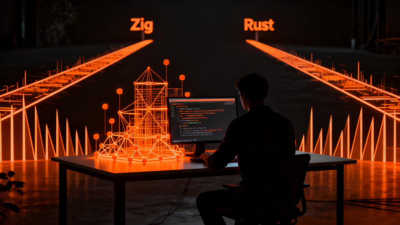 Desarrollador comparando lenguajes de programación Zig y Rust en un entorno de trabajo técnico y minimalista.