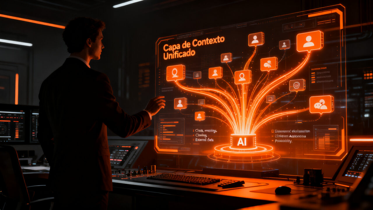 Representación visual de la capa de contexto unificado de Zoom para agentes de IA, mostrando flujo de trabajo y productividad.